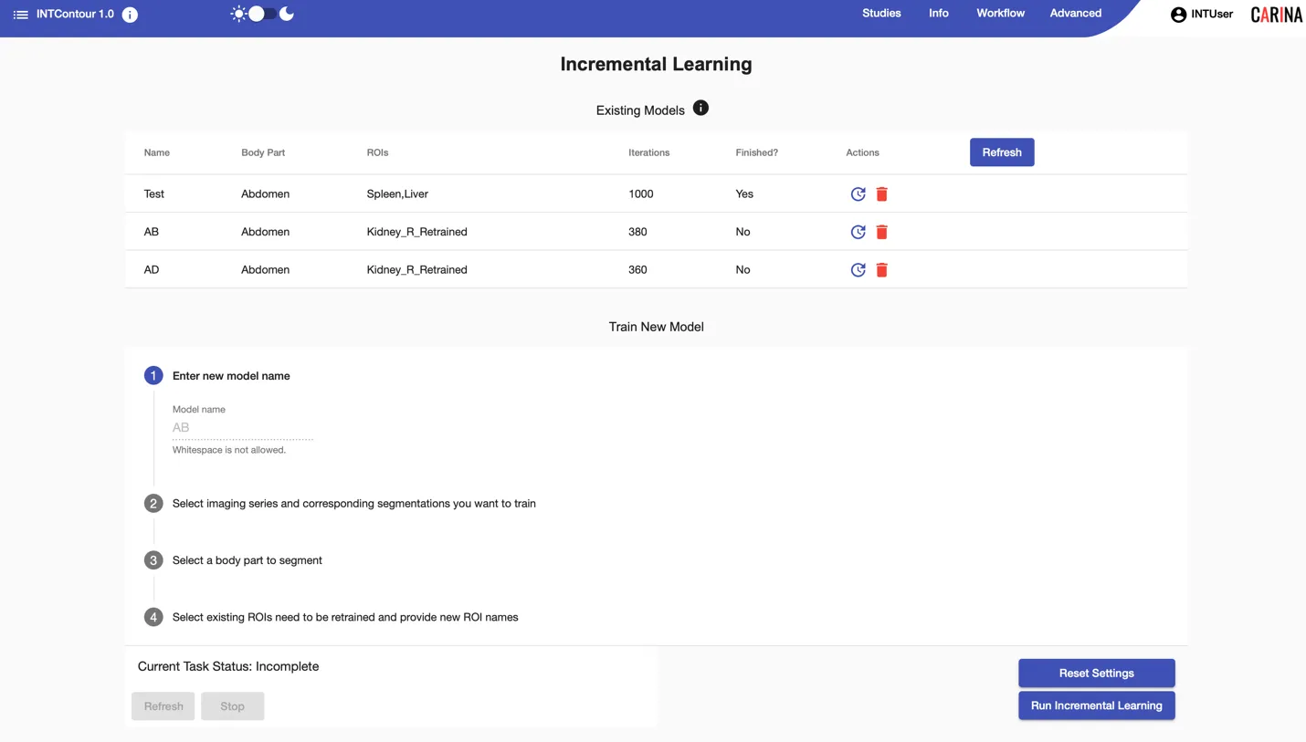 INTContour incremental learning workflow — train new models from on-site cases