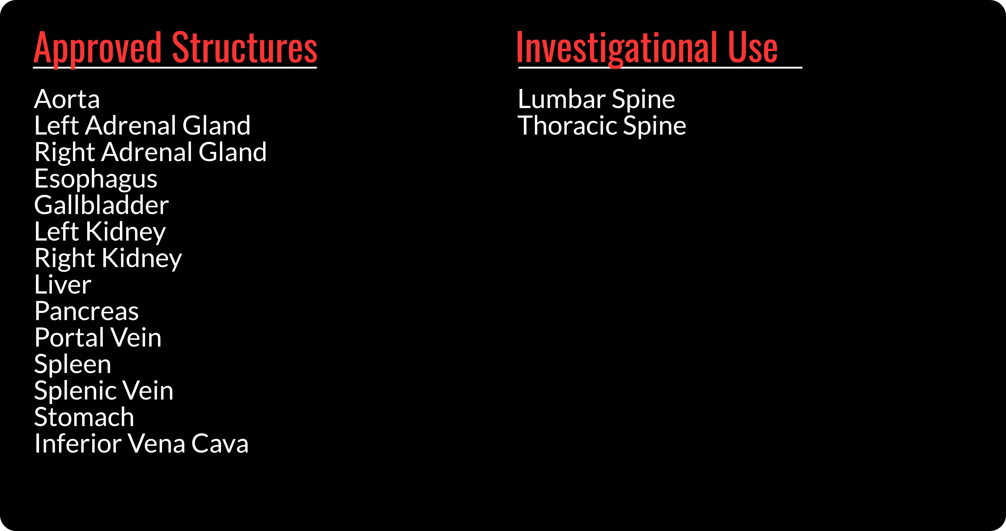 All Approved and Supported for Investigational Use structures supported by INTContour in the Abdomen region. 