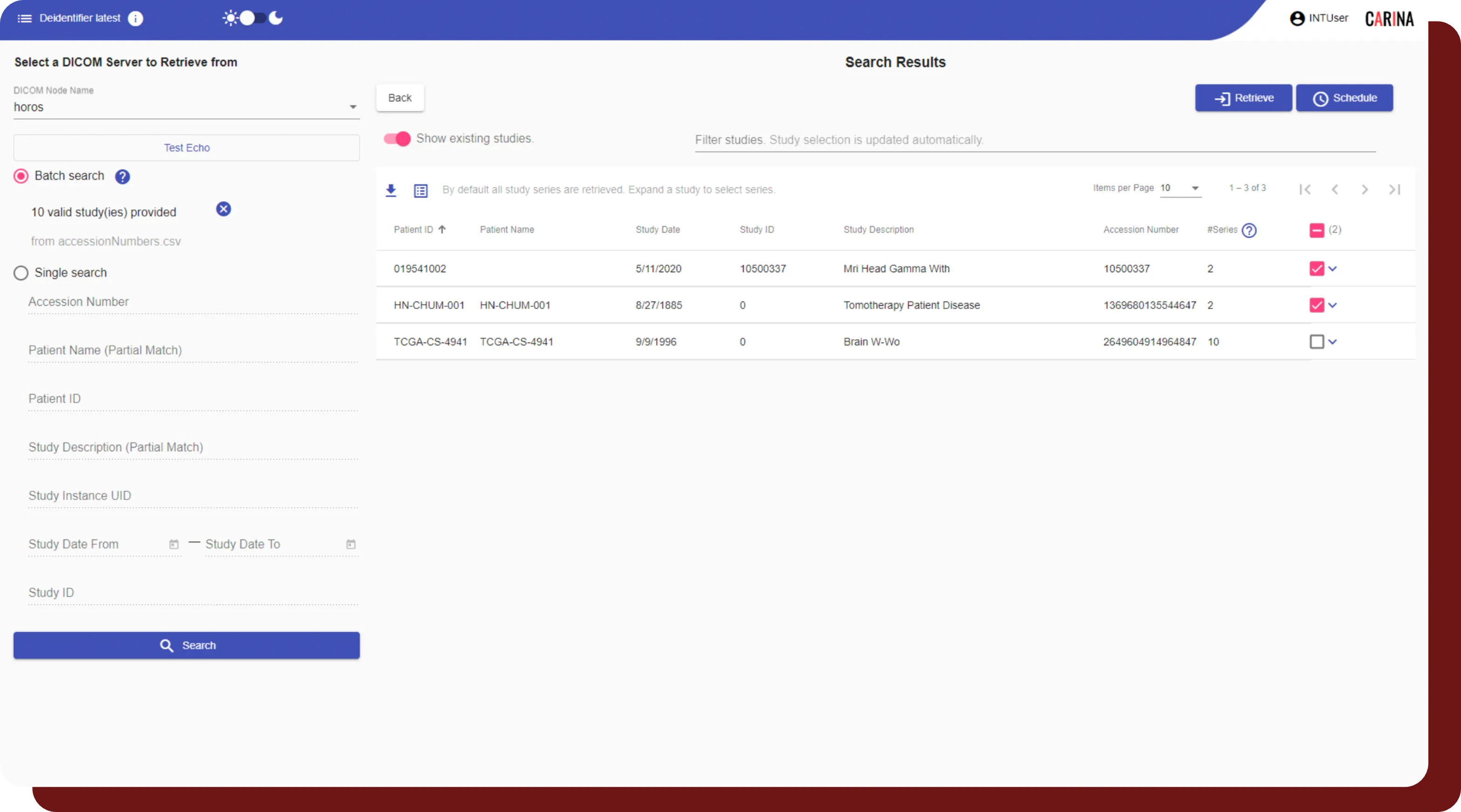 An image of DeIdentifier's user interface, illustrating remote study retrieval from a PACS server via DICOM Node connectivity.