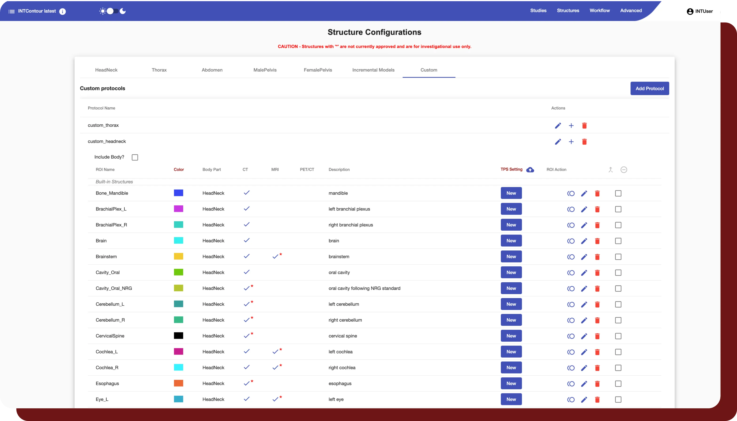 A figure illustrating INTContour's custom protocol page. 