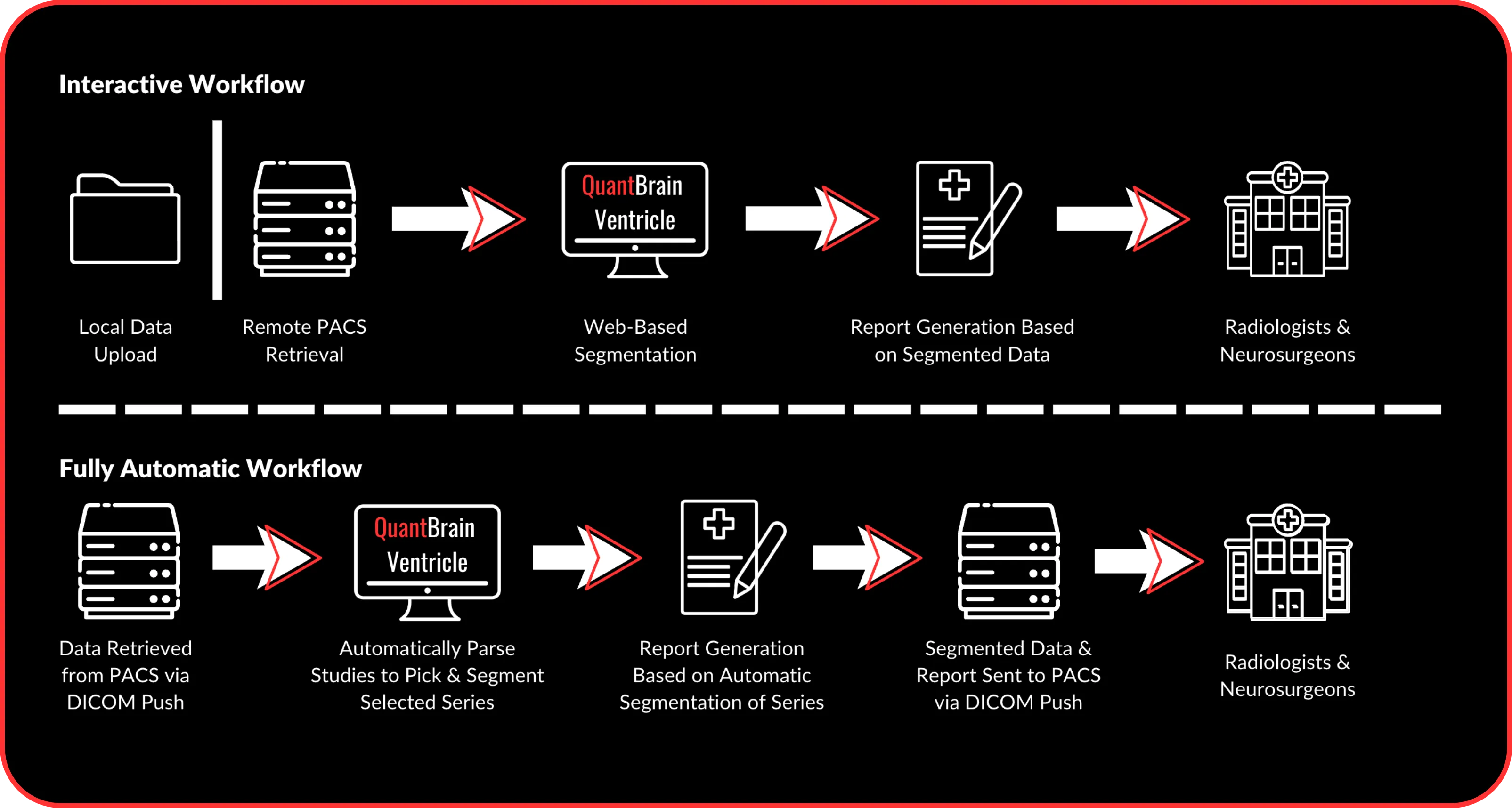 An figure illustrating the various workflows possible within QuantBrain - Ventricle.