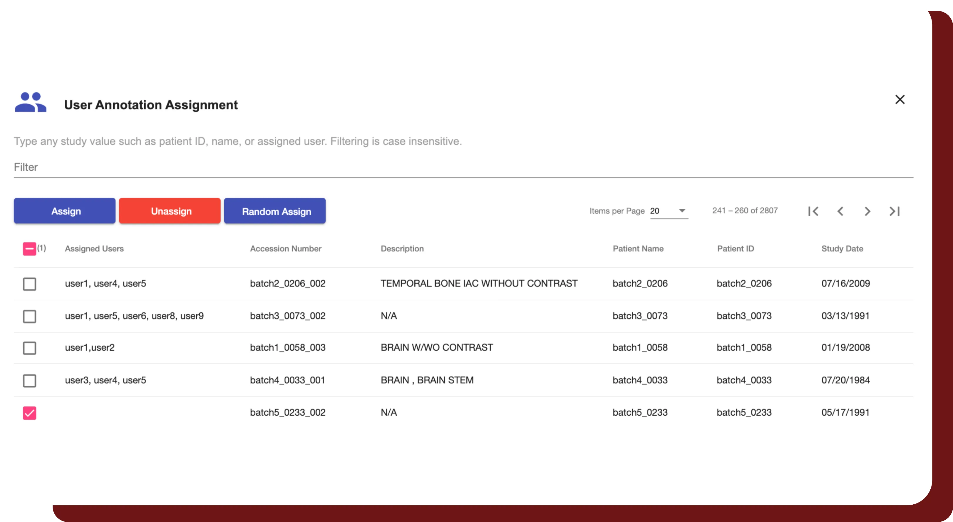 An image of DeIdentifier's user interface, where users can be assigned to certain studies.